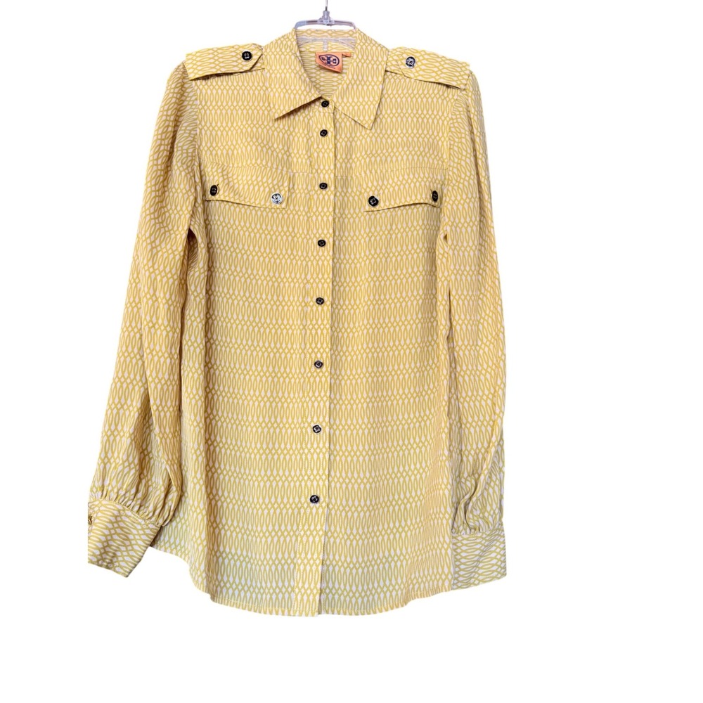 Tory Burch Yellow Silk Geometric Chain Link Button Down Blouse Epaulettes sz, 10
